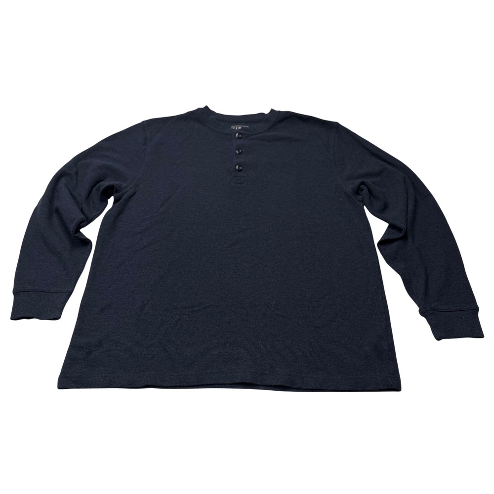LL Bean Thermal Henley Mens L Navy Mini Waffle Knit Long Sleeve Traditional Fit